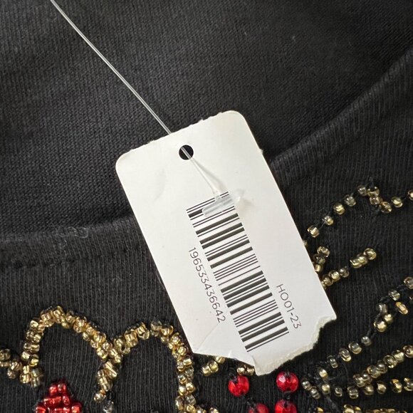 Chicos Womens Embellished Flower Puff Sleeve Top Beaded Black Cotton size Large - Picture 12 of 13